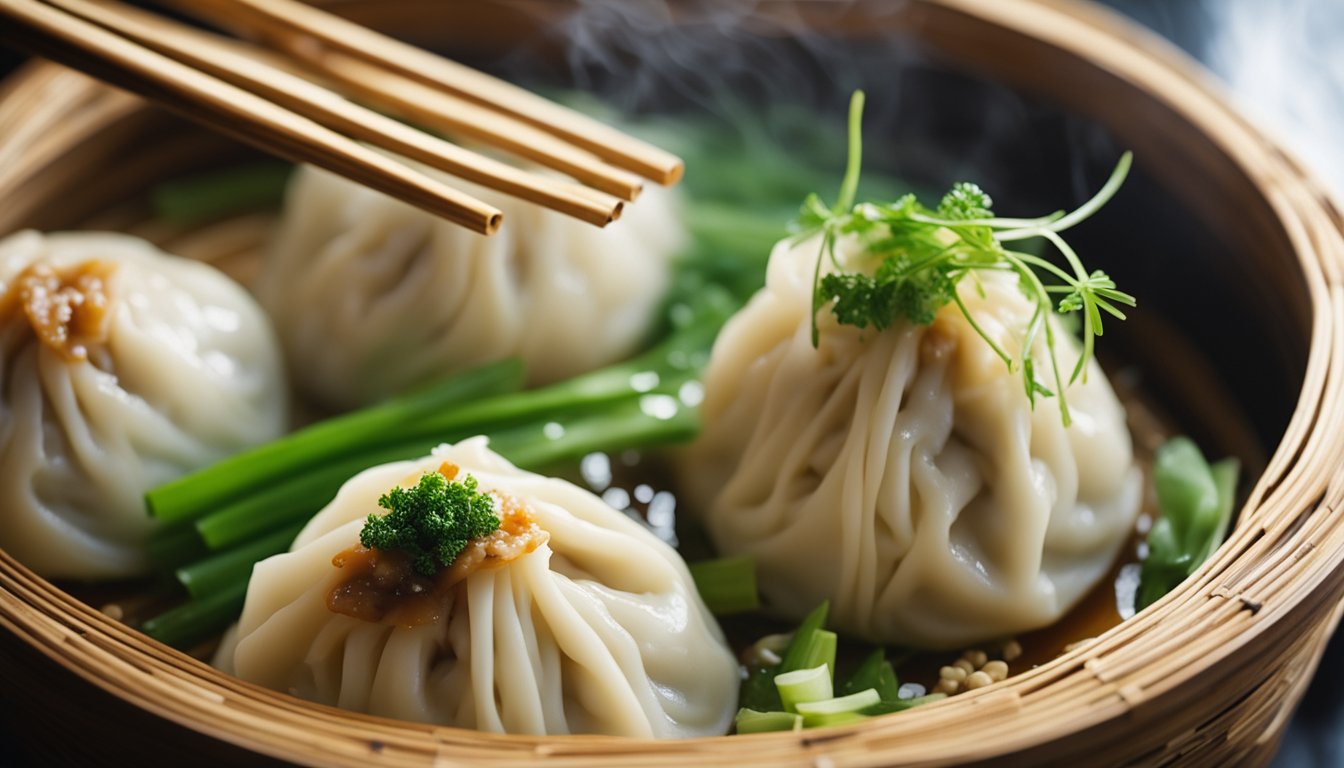 A steaming bamboo basket filled with crab xiao long bao, surrounded by a light drizzle of soy sauce and a sprinkle of finely chopped green onions