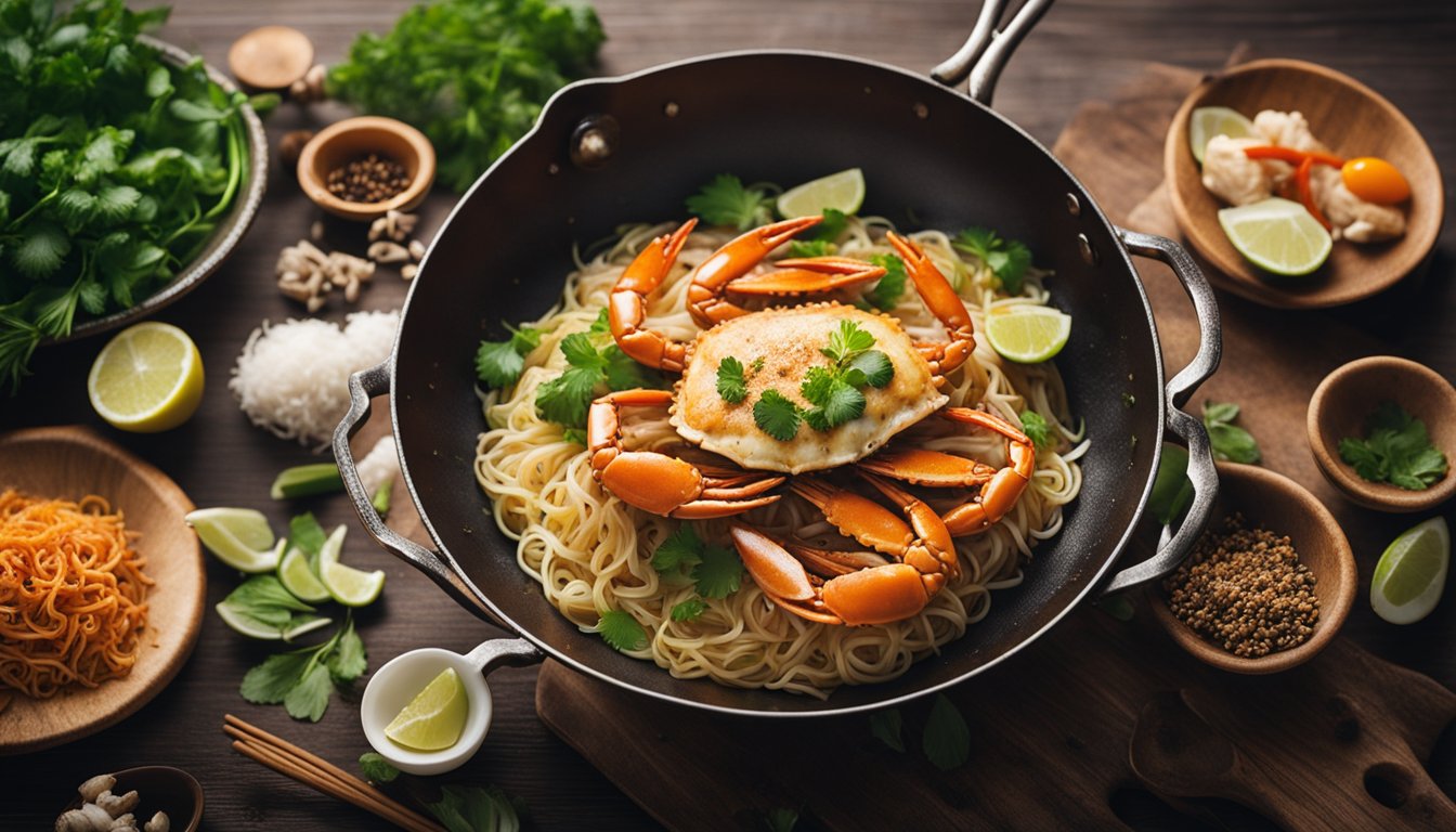 Crab and tang hoon in a sizzling wok with aromatic spices and fresh herbs