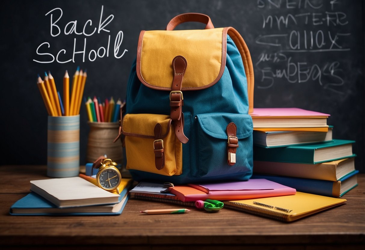 A colorful backpack, notebooks, pencils, and a calendar on a desk. A chalkboard with "Back to School Essentials" written on it