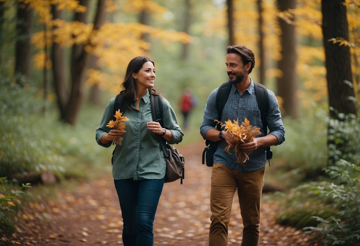 A group of people hiking through a colorful forest, collecting leaves and flowers for a nature-inspired craft project. Birds chirp and a gentle breeze rustles the trees