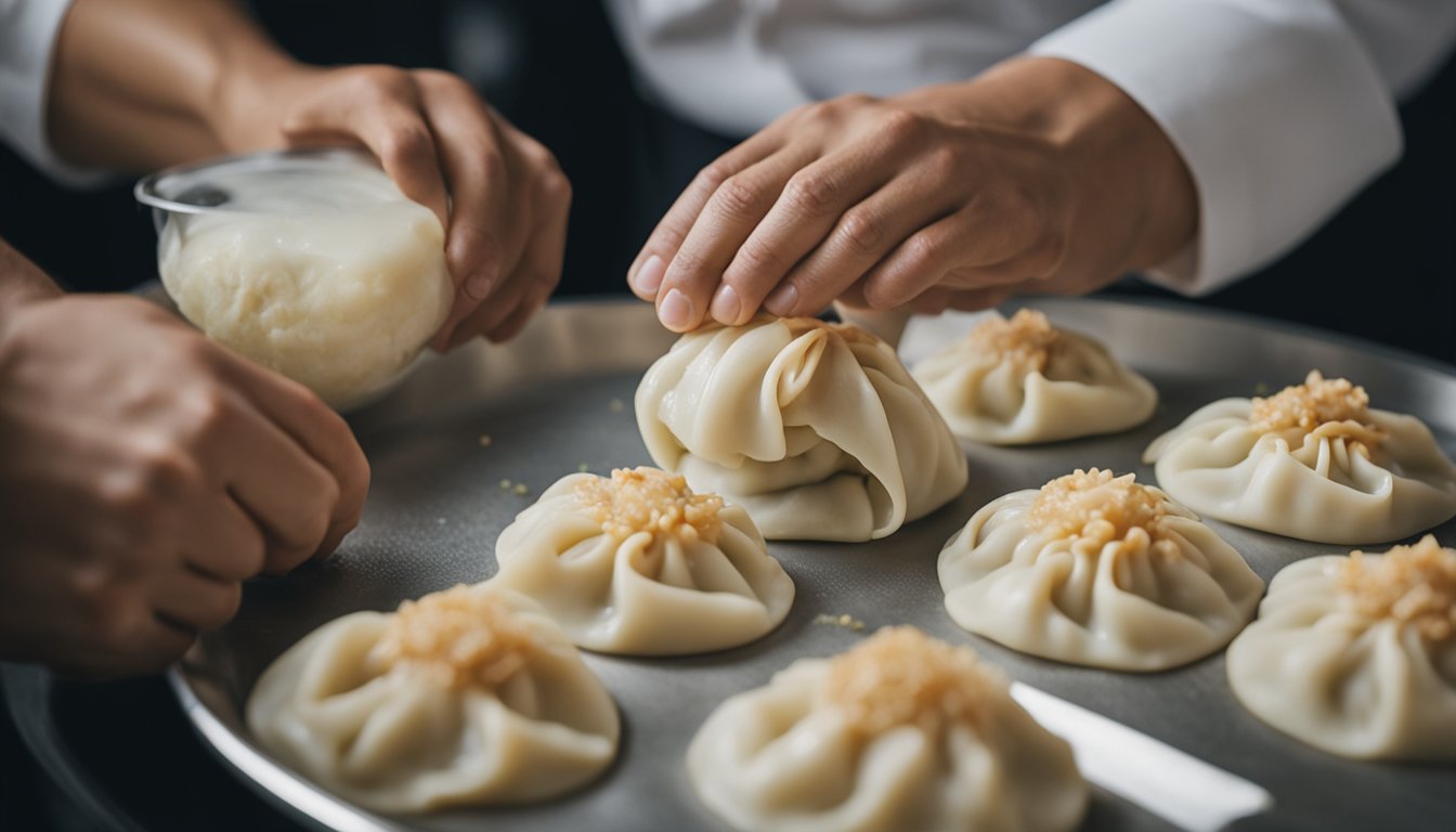A skilled chef folds delicate dough around succulent crab filling, creating perfect xiao long bao
