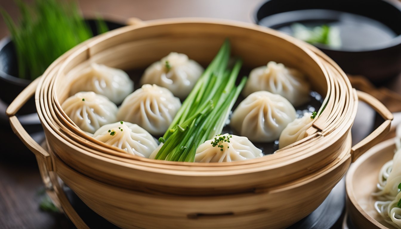 A steaming bamboo basket filled with delicate crab xiao long bao, glistening with savory broth and topped with a sprinkle of fresh chives
