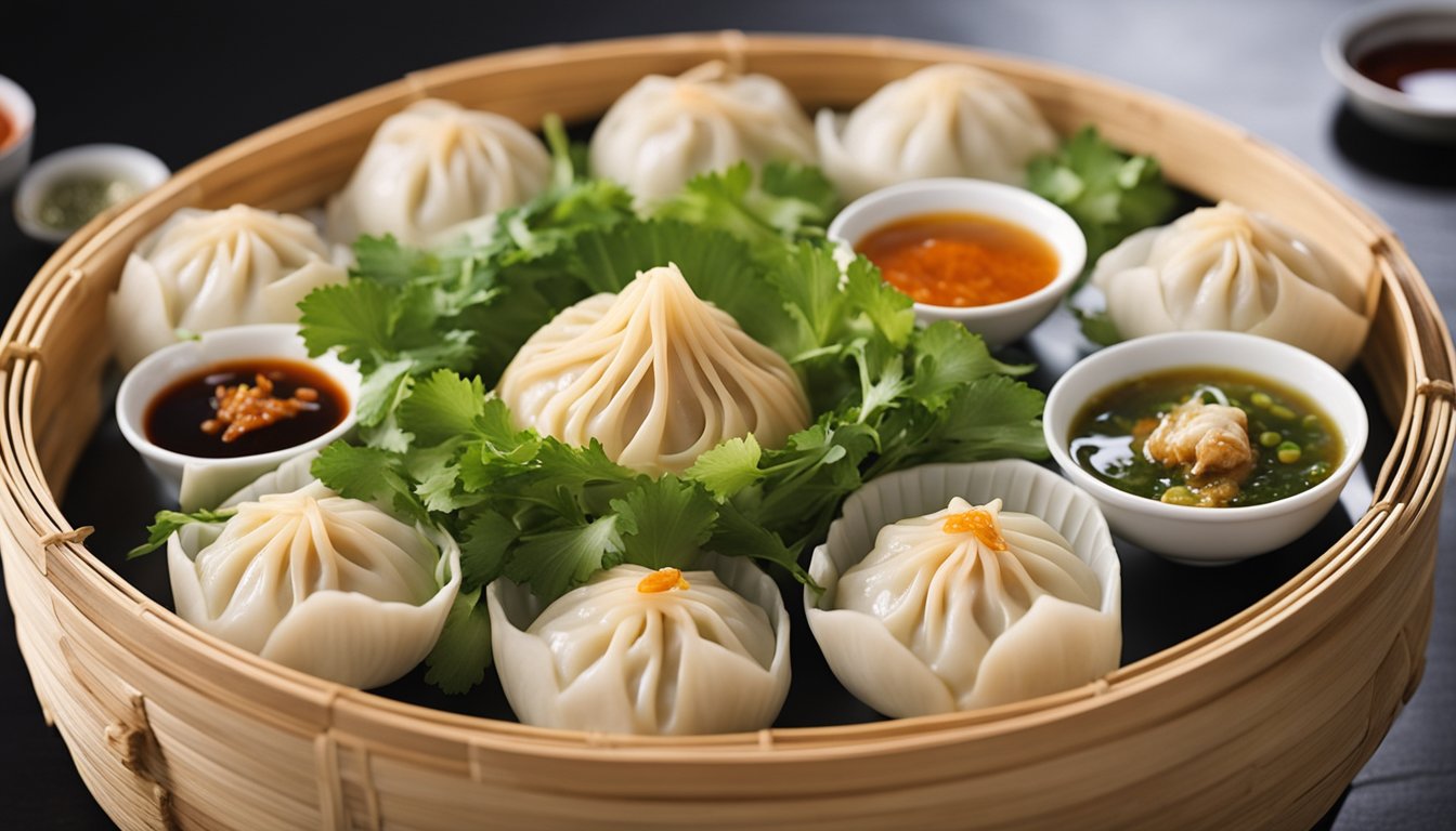A steaming bamboo basket filled with crab xiao long bao, surrounded by a variety of dipping sauces and garnished with fresh cilantro