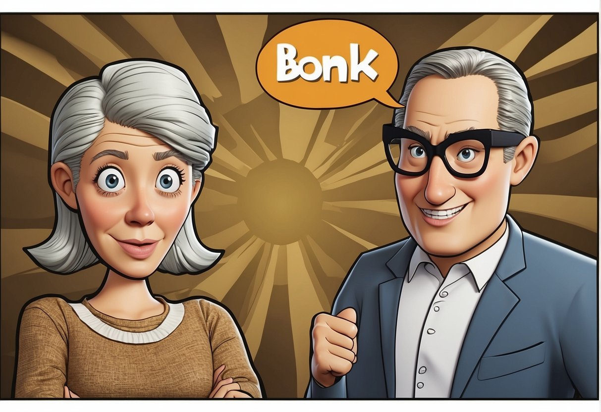 Main characters: two cartoonish characters with exaggerated facial expressions. Symbols: speech bubbles with the word "bonk" and exaggerated impact lines