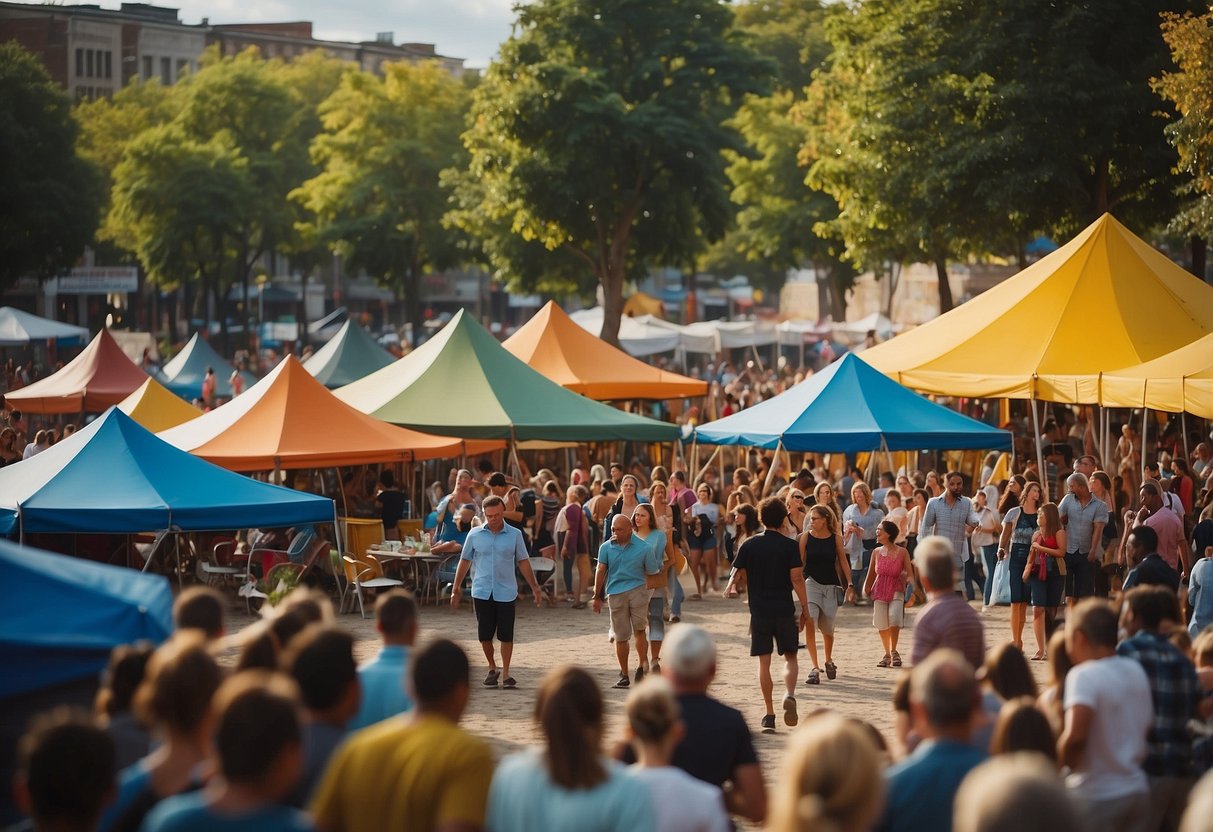 A bustling town square filled with colorful tents and people enjoying various activities like music, dance, and food. Children are playing games, while adults chat and participate in community events