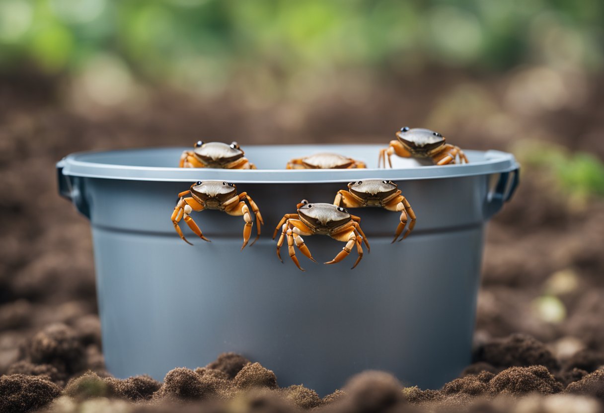 Several crabs in a bucket, one climbing over others to escape