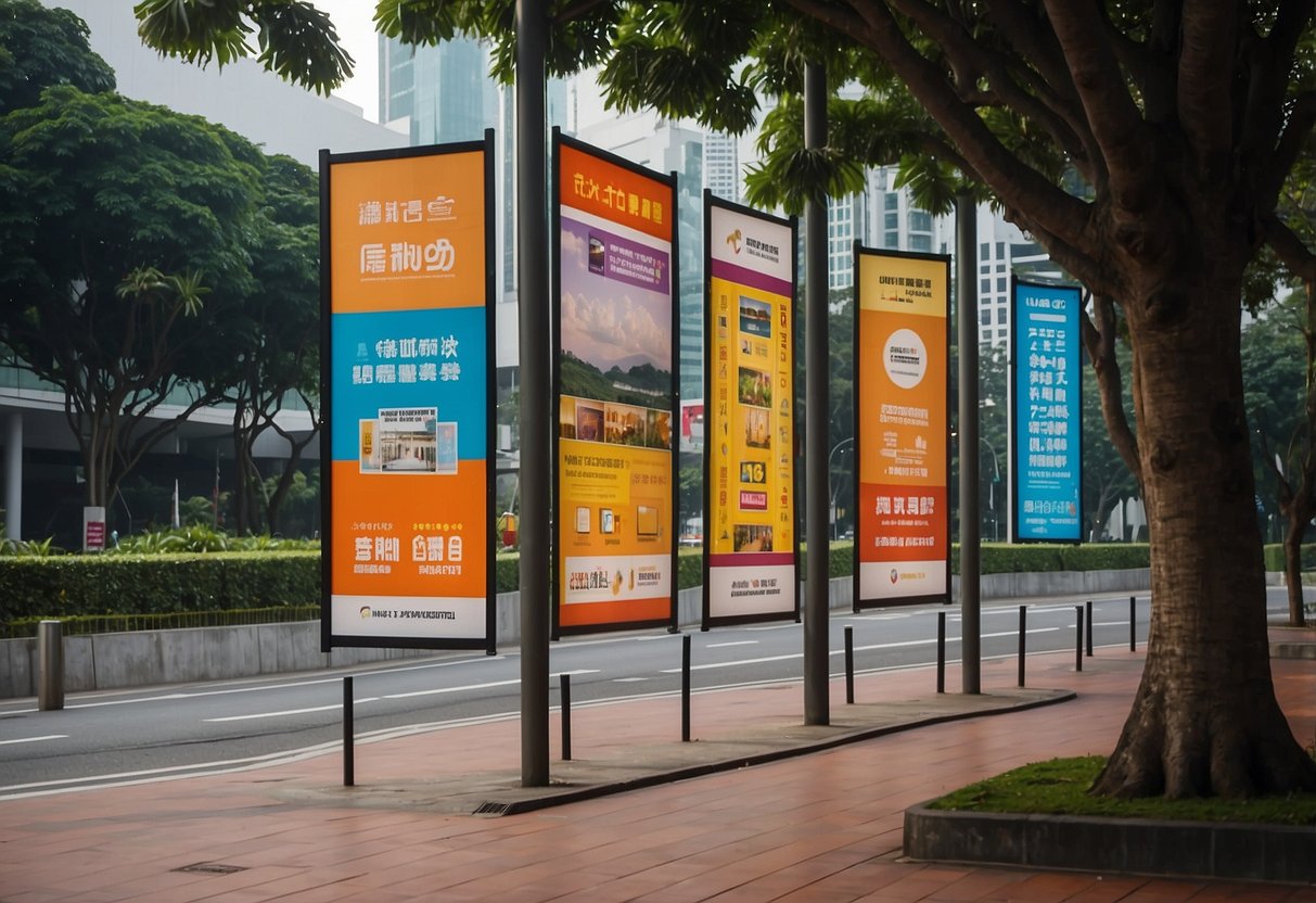 Colorful banners and signs line the streets of Singapore, advertising various promotions and events happening in the city's courts