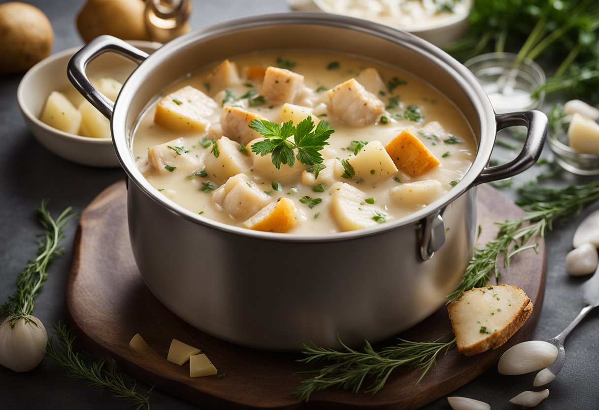 A pot of creamy fish chowder simmering on a stove, with chunks of fresh fish, potatoes, and herbs floating in a rich, creamy broth