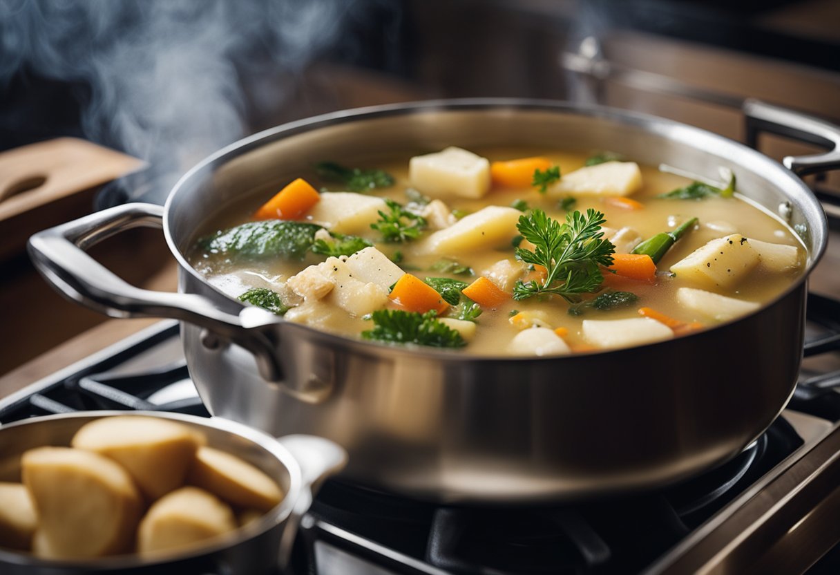 A pot simmering on a stove filled with chunks of fish, potatoes, and vegetables in a creamy broth. A wooden spoon stirs the mixture as steam rises