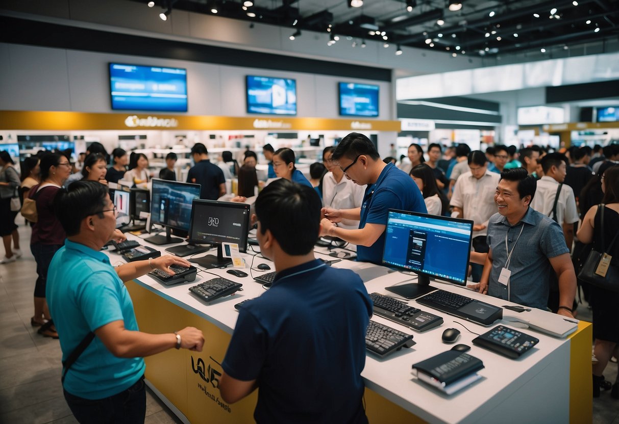A bustling electronics sales event at Courts Singapore, with customers browsing products and staff assisting with promotions