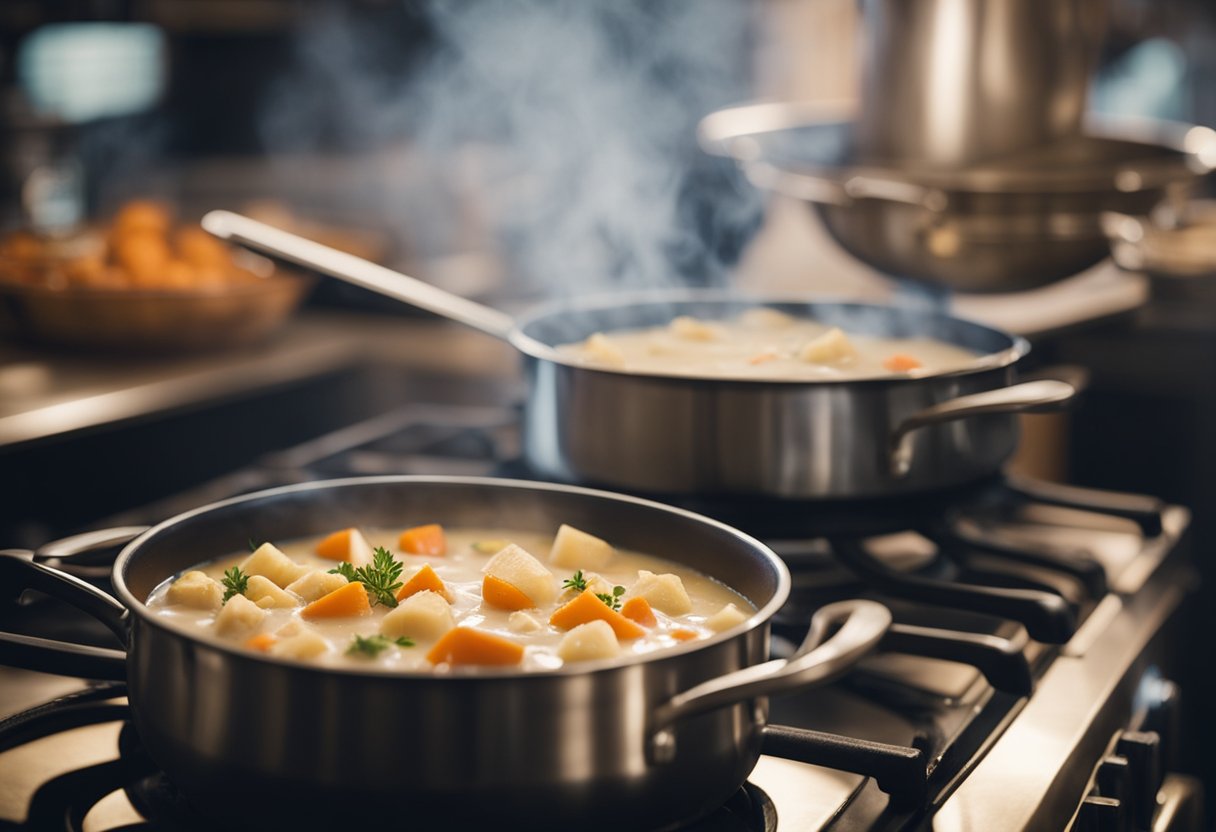 A pot simmers on the stove, filled with creamy fish chowder. Steam rises as the chef stirs in potatoes and carrots, creating the perfect comfort food