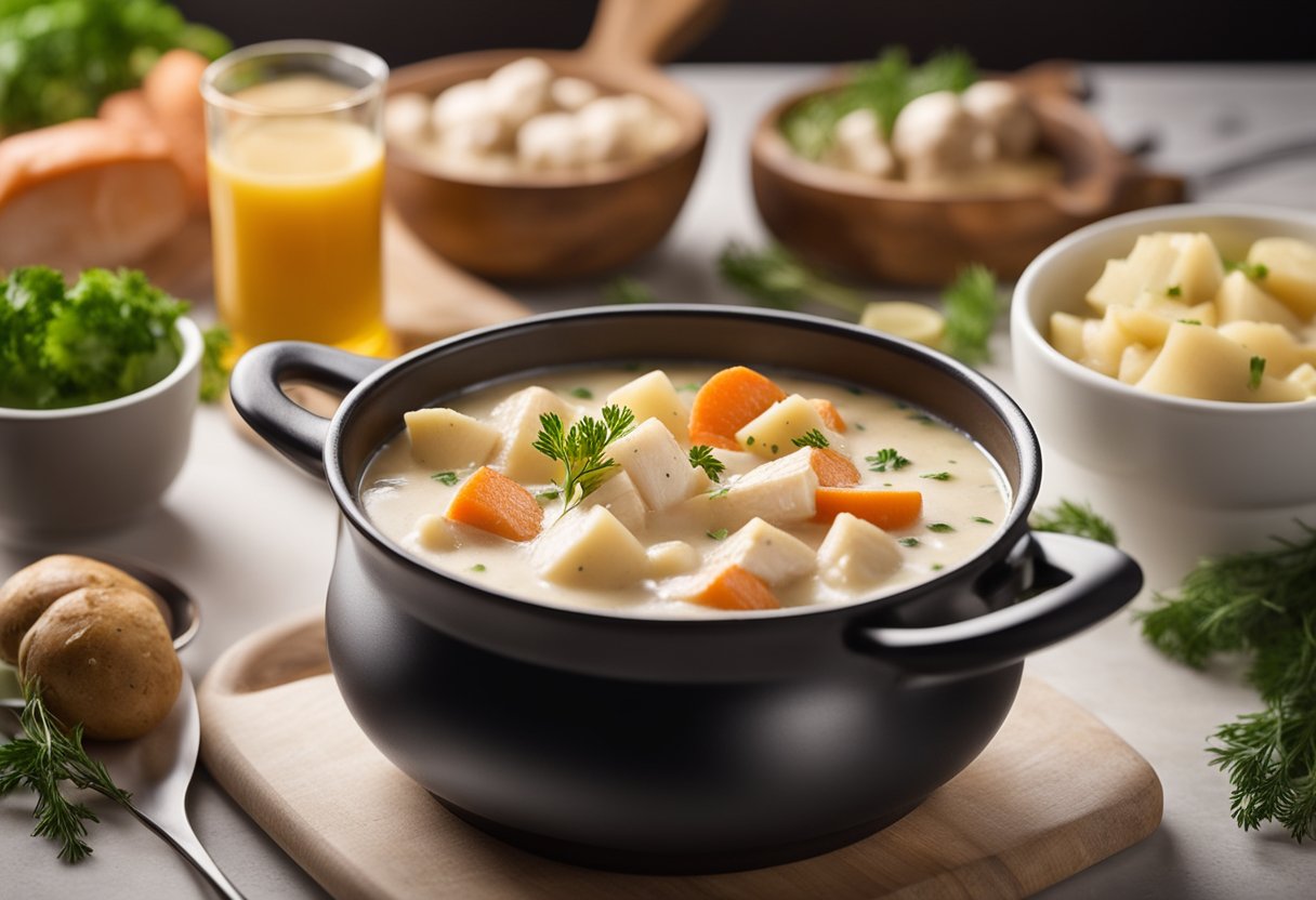 A pot of creamy fish chowder simmers on a stovetop, steam rising. Ingredients like potatoes, carrots, and chunks of fish are visible in the rich, creamy broth