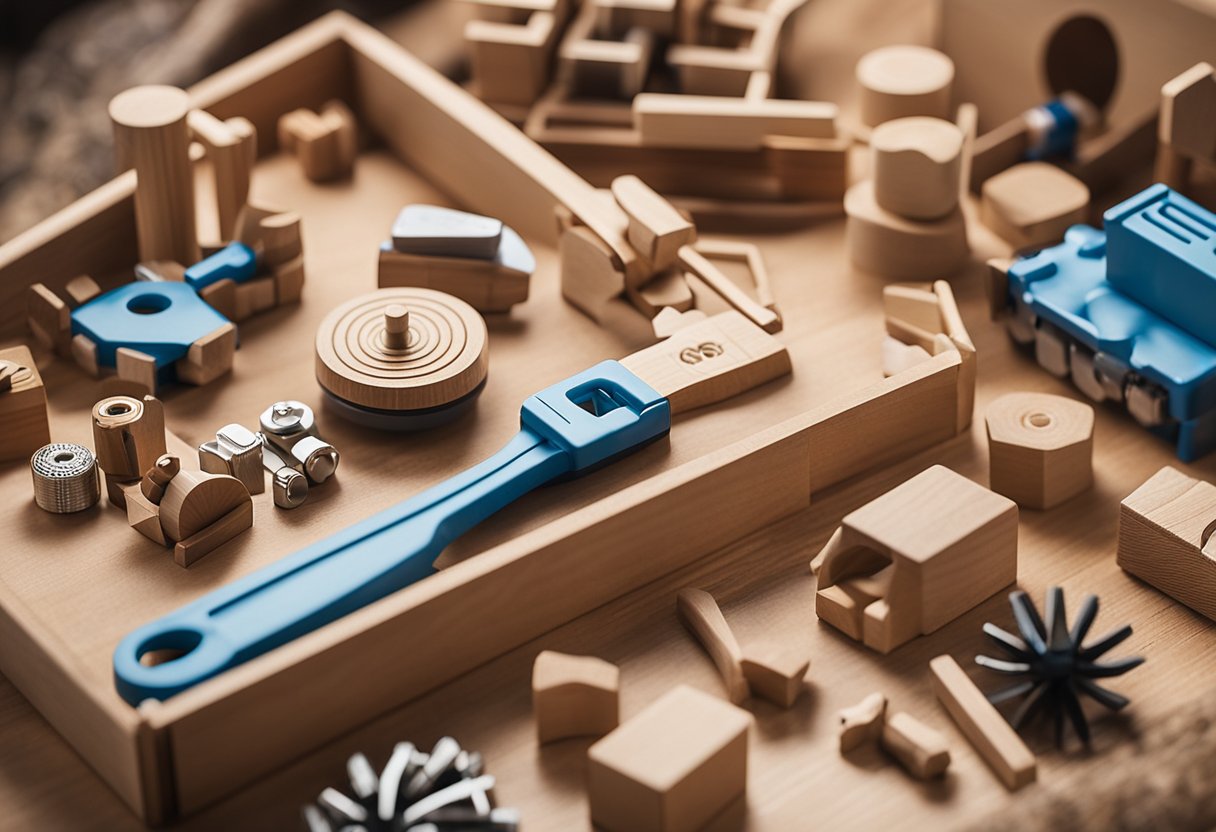 A wooden toy assembly and packaging opportunity. Materials and tools laid out on a workbench, with finished toys stacked neatly in the background