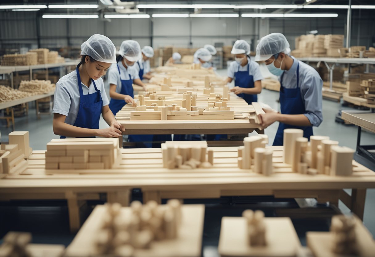 An assembly line of wooden toy parts being put together and packaged by workers in a factory setting