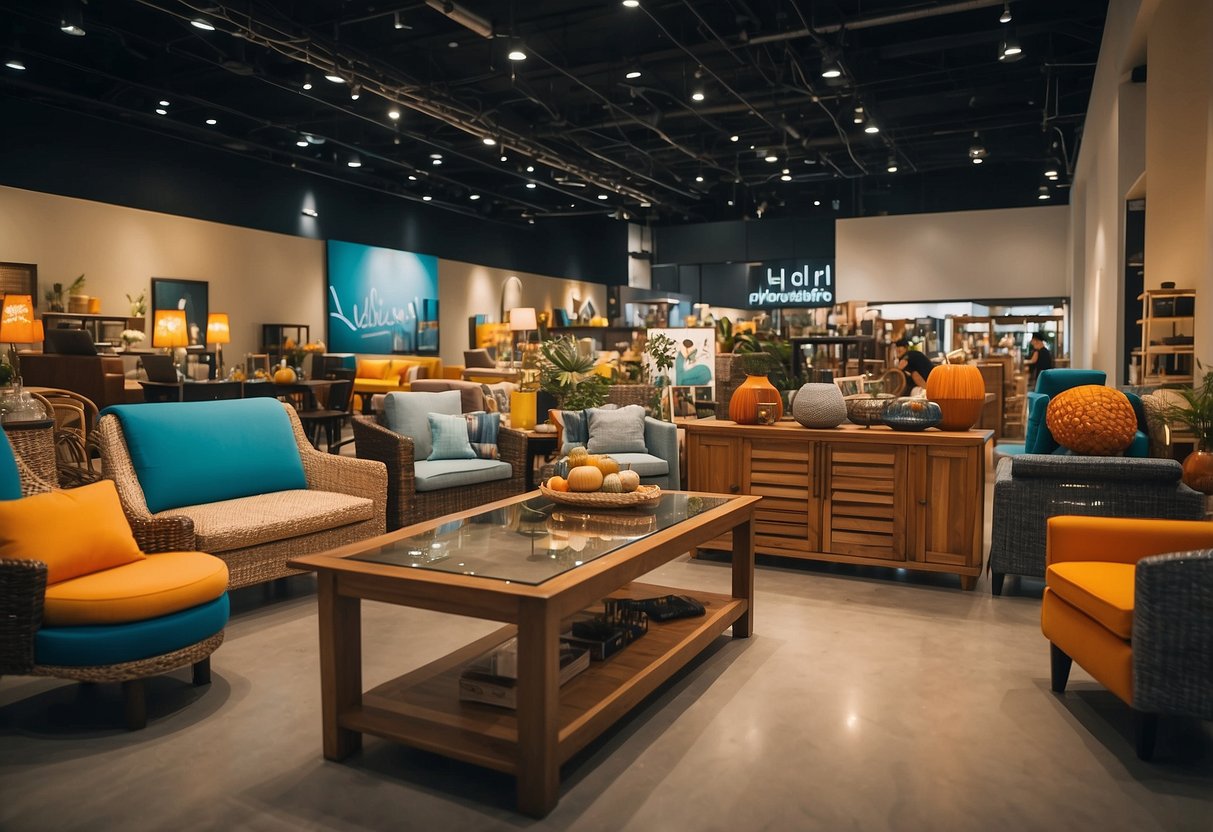 A vibrant scene of furniture and home decor on display at Courts promotions in Singapore, with colorful banners and enthusiastic shoppers browsing the selection