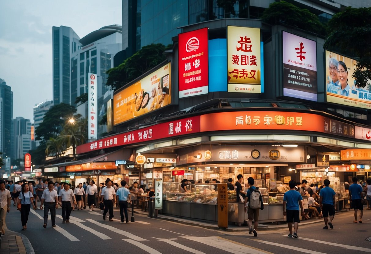 A bustling Singaporean street with FAQ signs and promotional banners