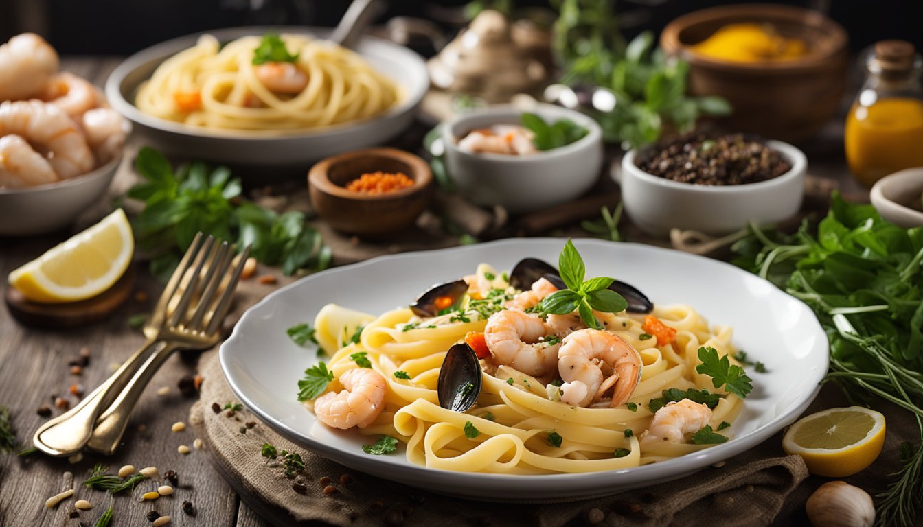 A steaming plate of creamy seafood pasta sits on a rustic wooden table, surrounded by vibrant spices and fresh herbs. A fork rests beside the dish, ready to dig in