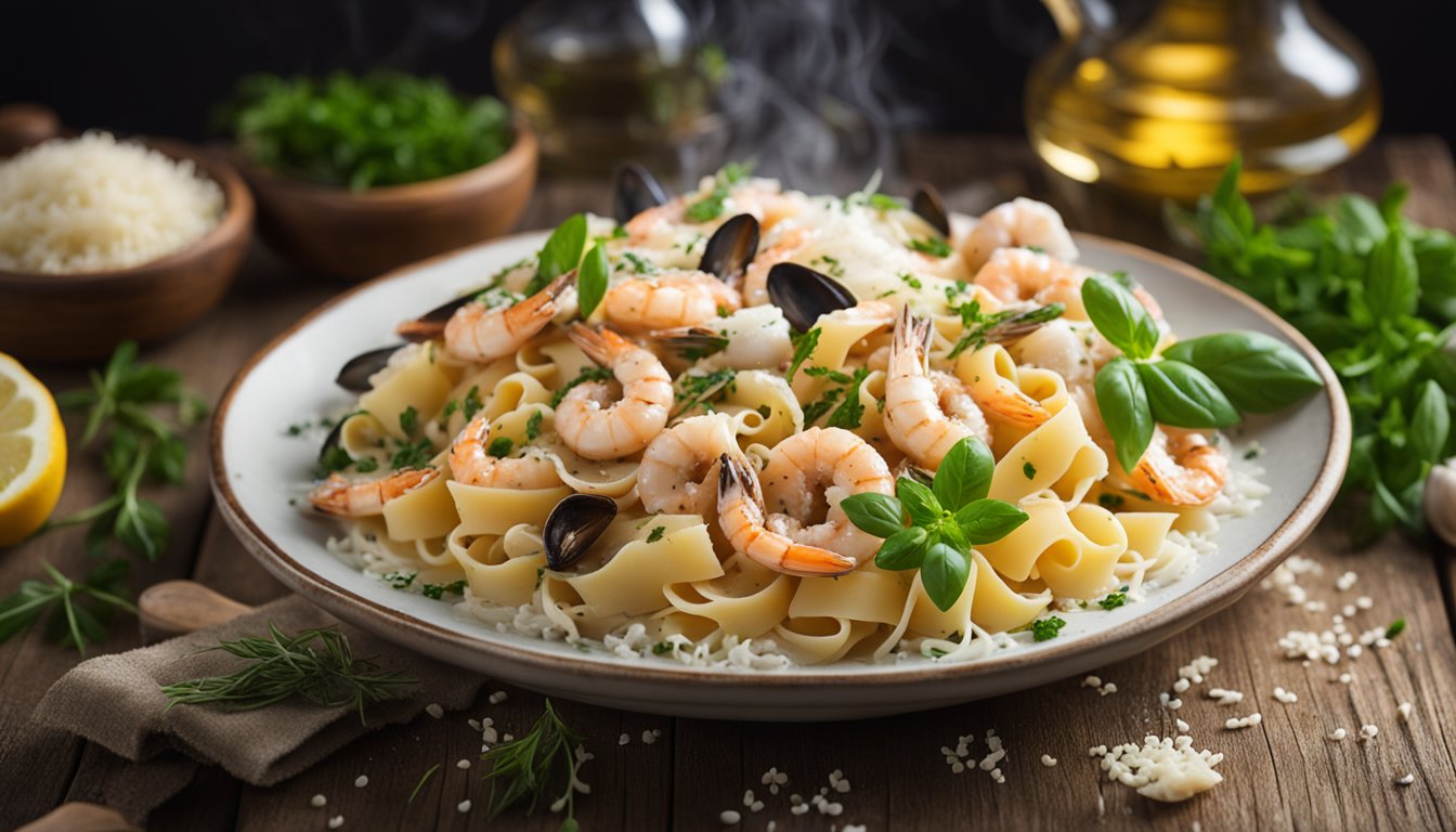 A steaming pot of creamy seafood pasta sits on a rustic wooden table, surrounded by fresh herbs, garlic, and a sprinkle of parmesan cheese
