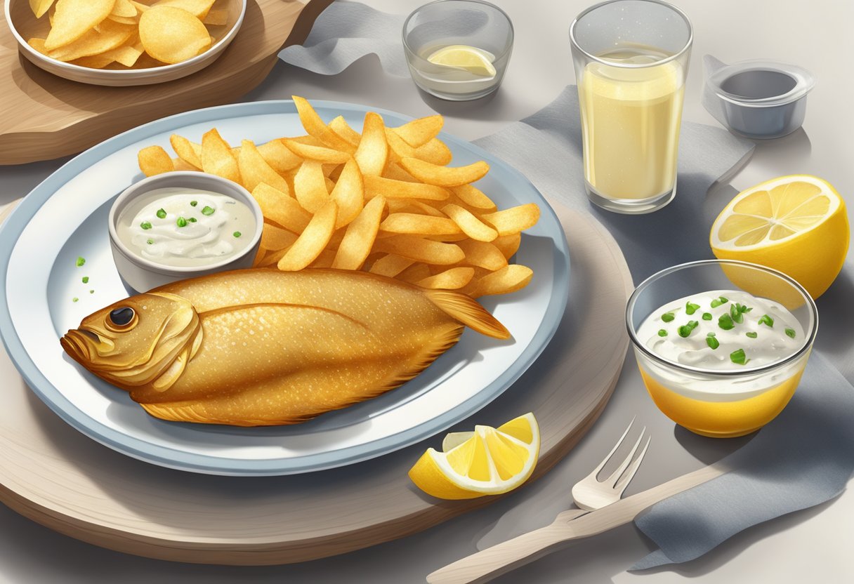 A plate of golden-brown fish and crispy chips, steaming in the salty sea air, with a side of tangy tartar sauce and a sprinkle of fresh lemon juice