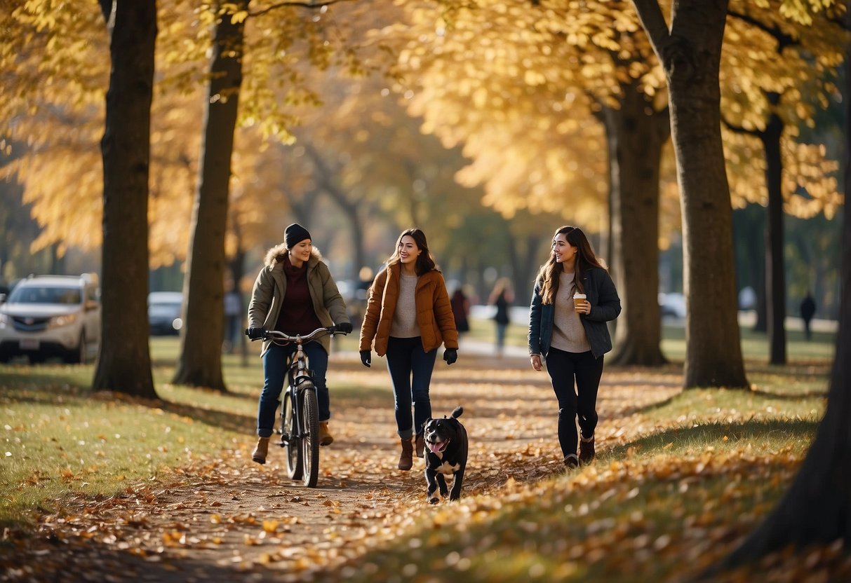 People hiking, biking, and enjoying fall foliage in a park. A group picnicking, children playing, and a couple walking their dog