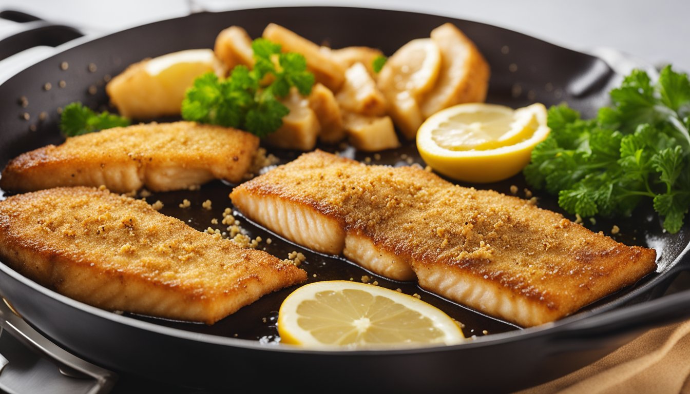 Golden-brown fish fillet sizzling in hot oil, surrounded by breadcrumbs and seasonings