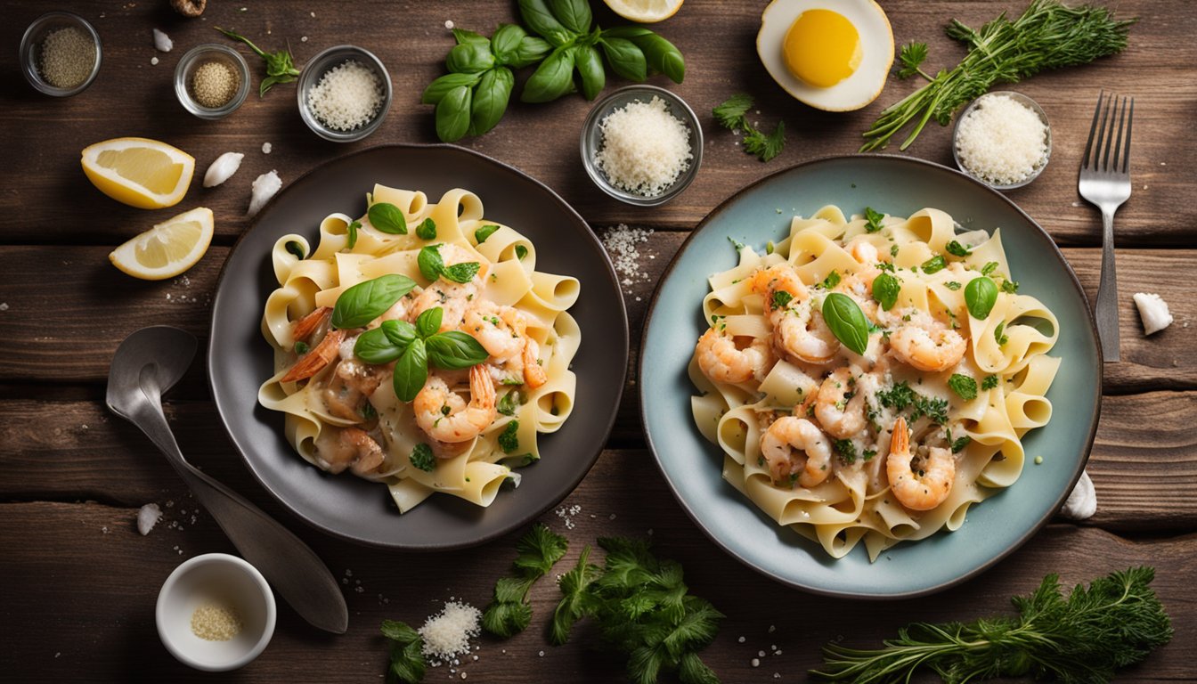 A steaming plate of creamy seafood pasta sits on a rustic wooden table, garnished with fresh herbs and a sprinkle of Parmesan cheese