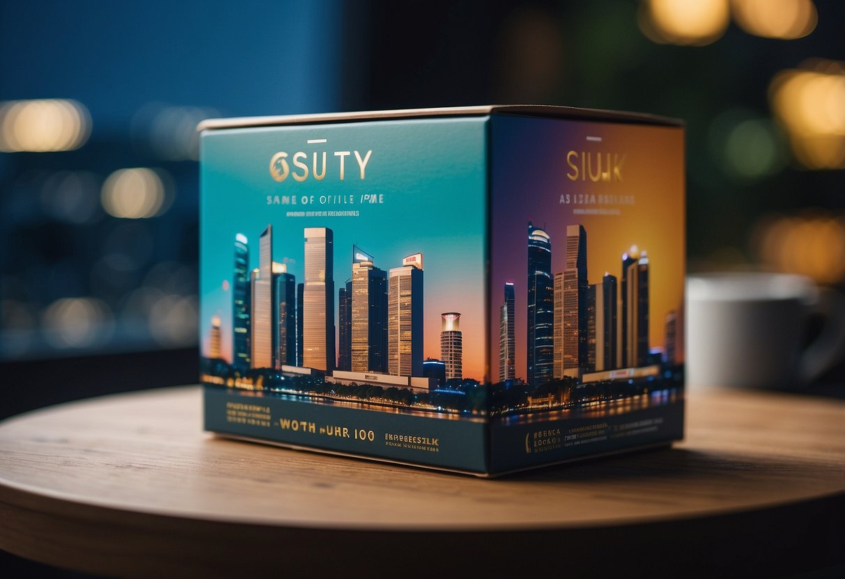 Custom boxes with promotional designs in Singapore. Vibrant colors and bold typography. City skyline in the background