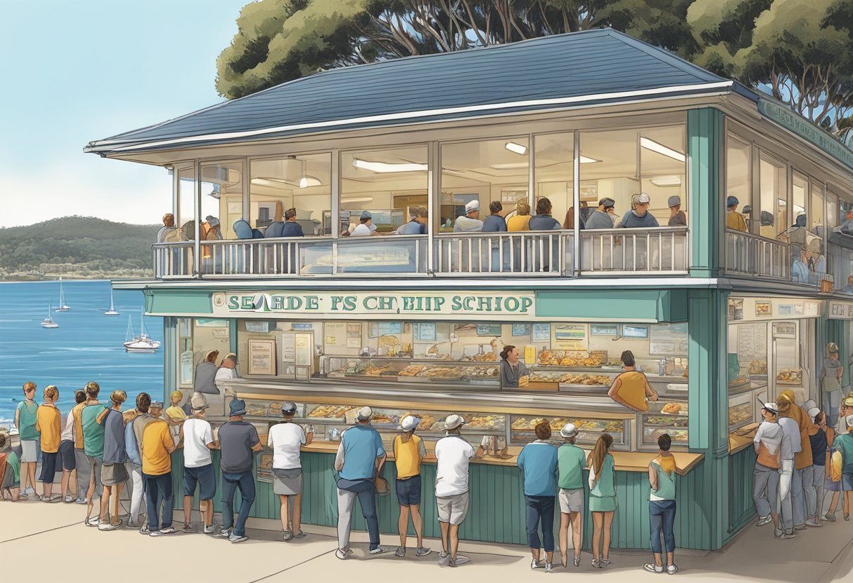 A crowded seaside fish and chip shop with a view of Balmoral beach. Customers line up at the counter while others enjoy their meals at outdoor tables