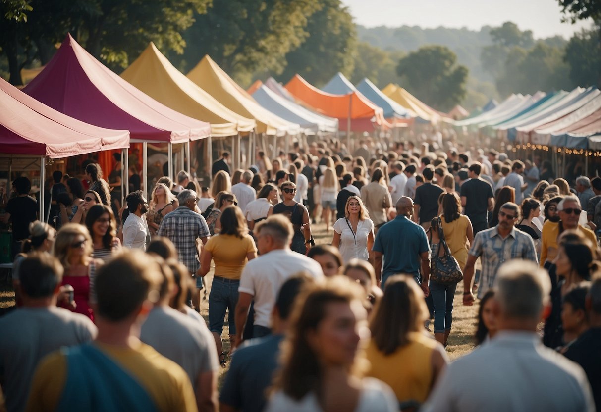 A bustling outdoor arts and entertainment festival with colorful vendor booths, live music, and crowds of people enjoying the various activities