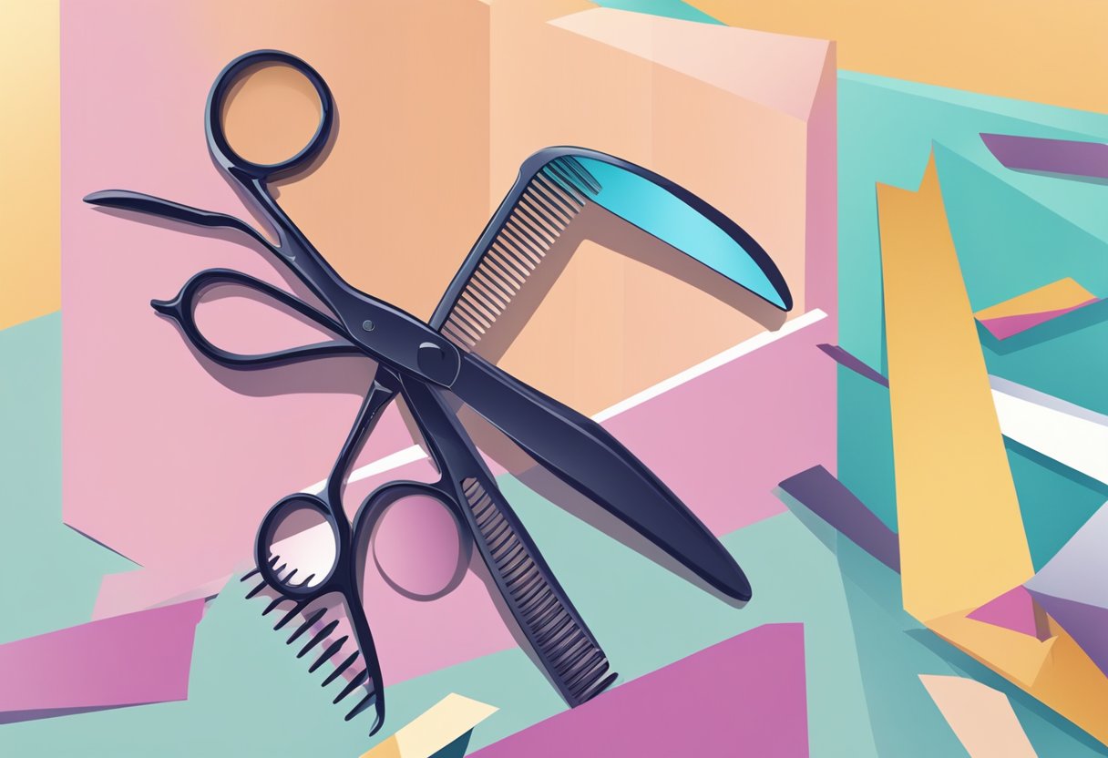 A pair of scissors cutting through a section of hair, with a comb holding the hair taut. Mirror in the background