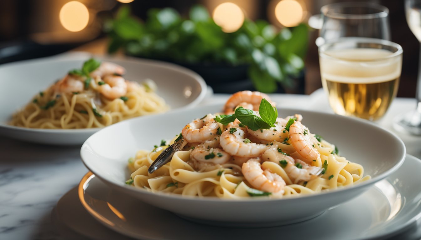 A steaming plate of creamy seafood pasta surrounded by diners with satisfied expressions