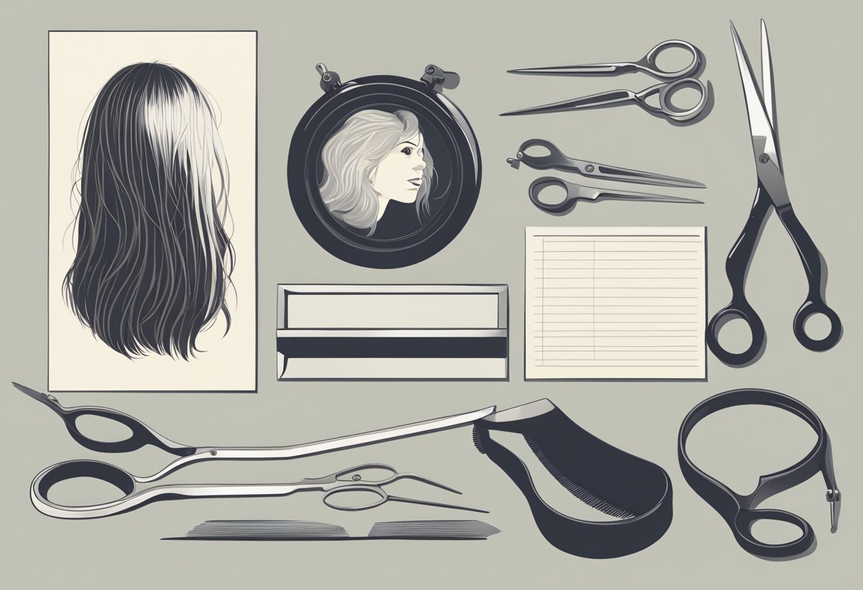 A pair of scissors hovers over a mirror, ready to trim a lock of hair. A comb sits nearby, and a chart of different hairstyles hangs on the wall