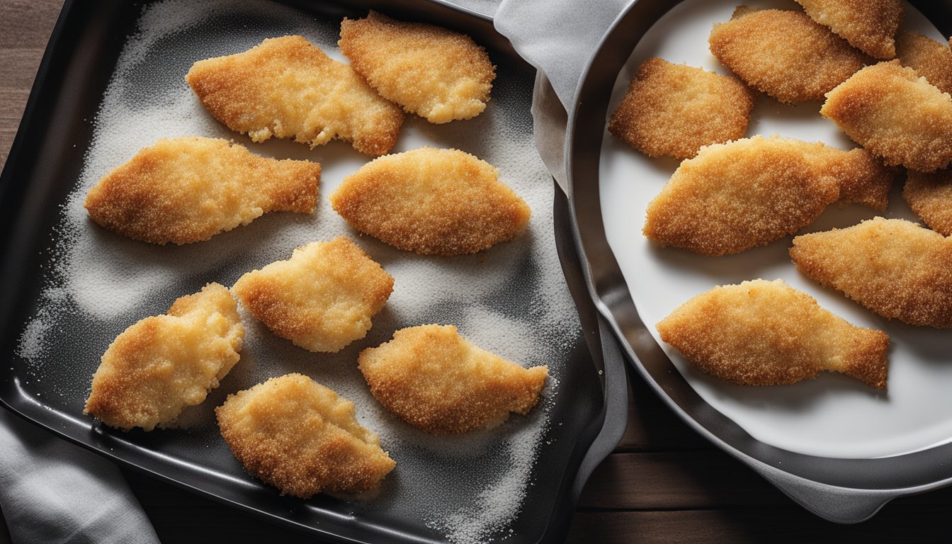 Crispy breaded fish fillets being dipped in egg wash and coated with seasoned breadcrumbs before being placed on a baking sheet