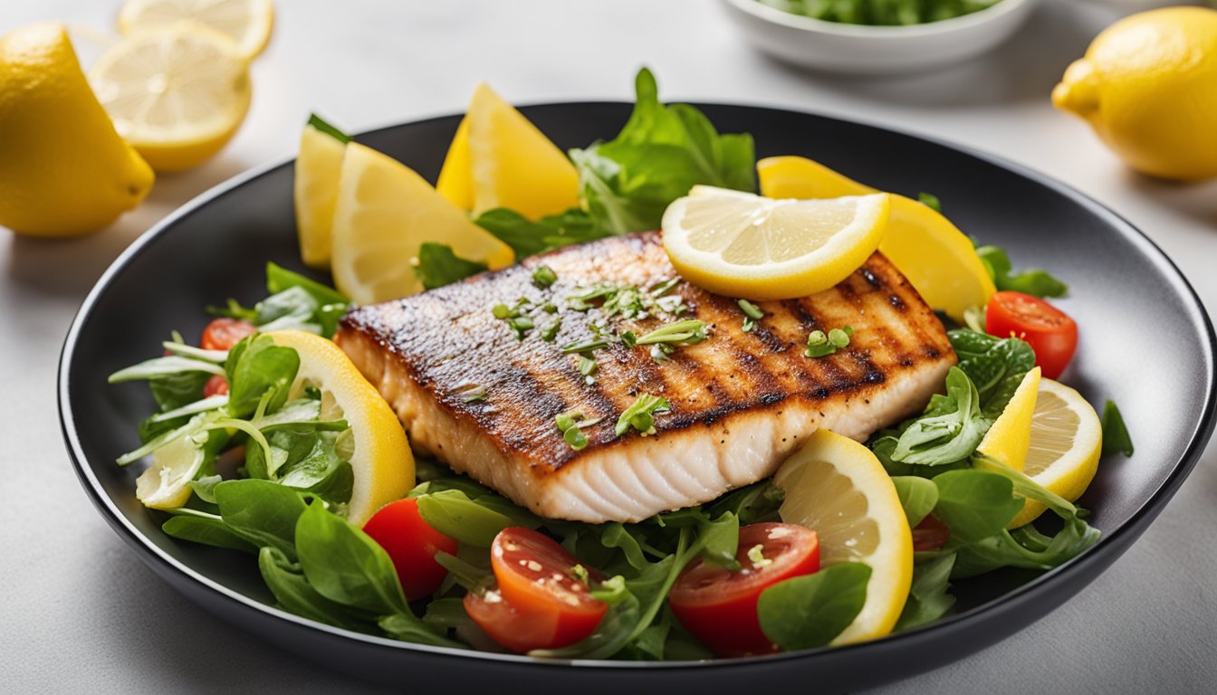 A sizzling fish fillet sizzles in a hot skillet. A side of fresh lemon wedges and a colorful salad are arranged on a white plate