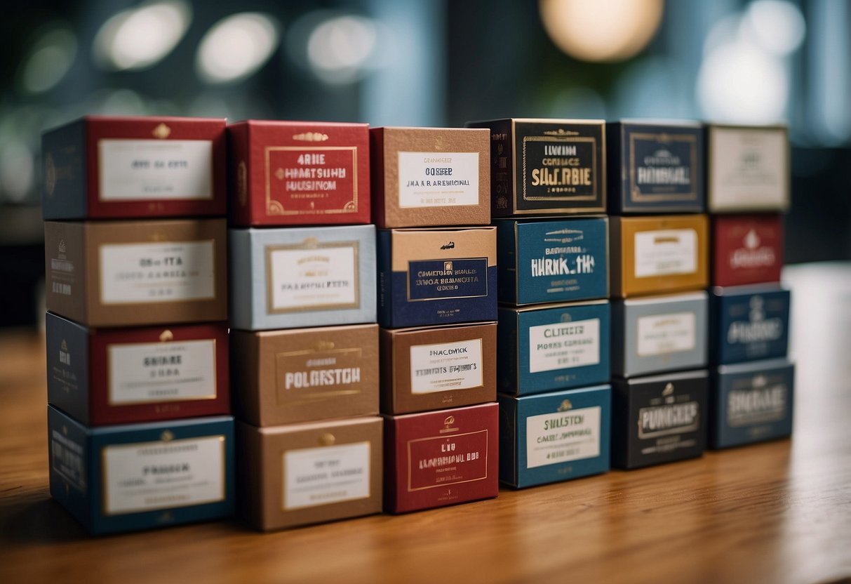 A stack of custom boxes with promotional labels in a Singapore setting