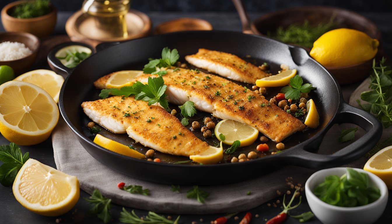 A golden, crispy fish fillet sizzling in a hot pan, surrounded by a variety of colorful spices and herbs. A bowl of lemon wedges sits nearby, ready to add a zesty finish to the dish