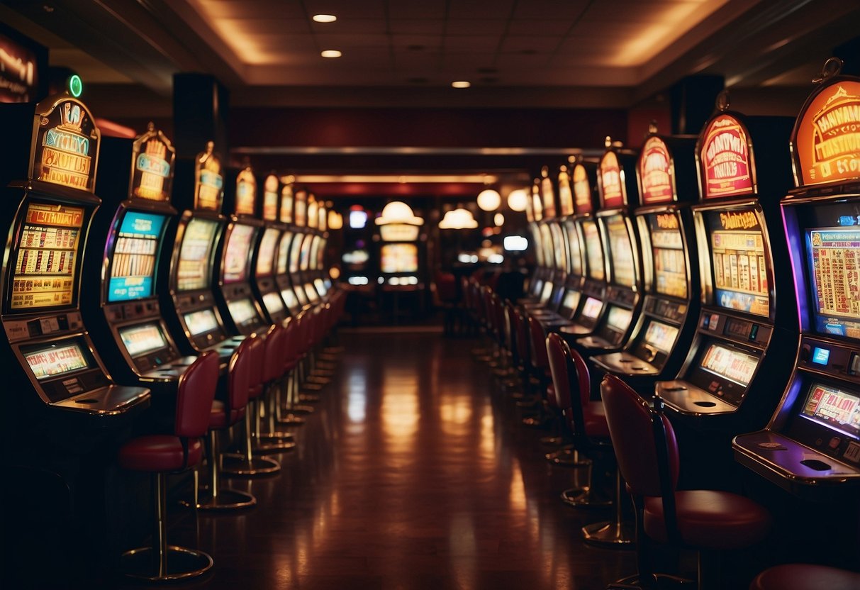 A colorful array of slot machines and card tables fill the bustling casino floor, with bright lights and energetic music creating an atmosphere of excitement and anticipation