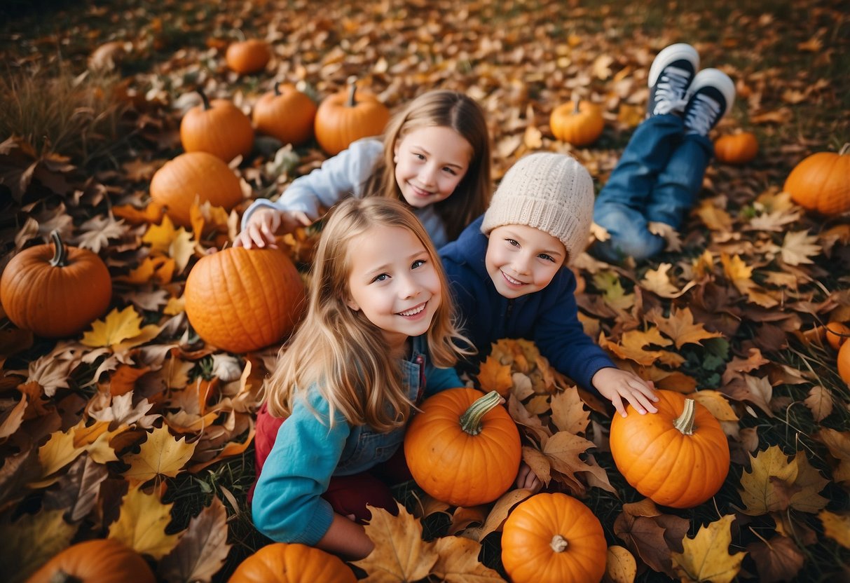 Children playing in a pile of colorful leaves, while others carve pumpkins and decorate for the upcoming Thanksgiving holiday