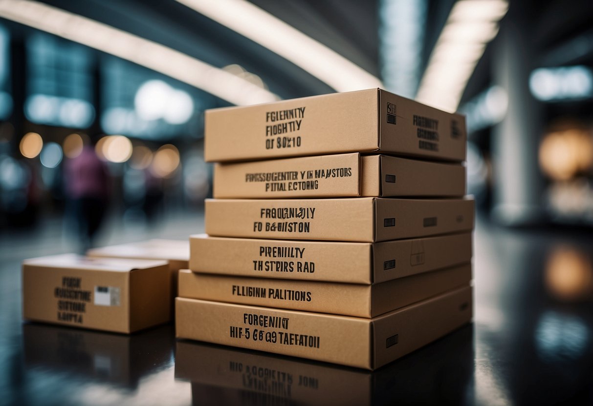 A stack of custom boxes with "Frequently Asked Questions" printed on them, surrounded by promotional materials, in a bustling Singapore setting