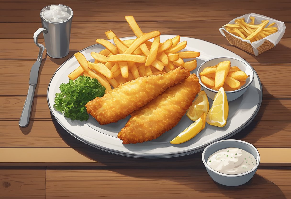 A plate of fish and chips sits on a cherrywood table, steam rising from the golden, crispy pieces of fish and thick-cut fries