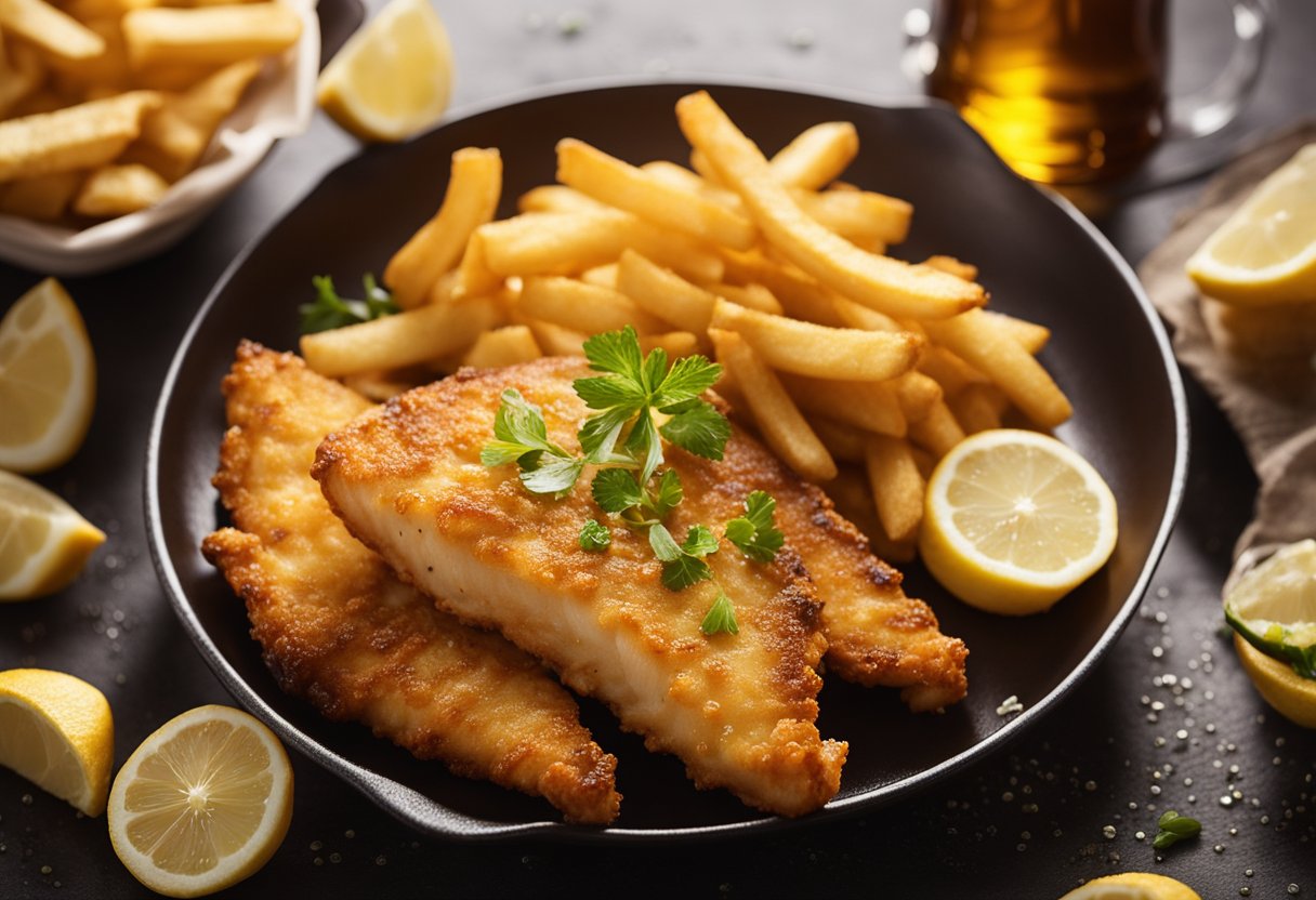Golden-brown fish and chips sizzle in the bubbling oil, their crispy batter glistening under the warm light