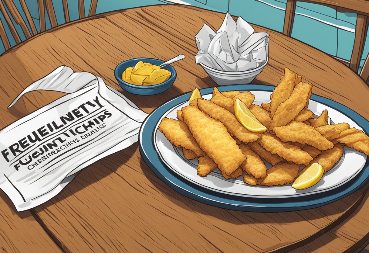 A plate of fish and chips on a cherrywood table, with a sign reading "Frequently Asked Questions" in the background