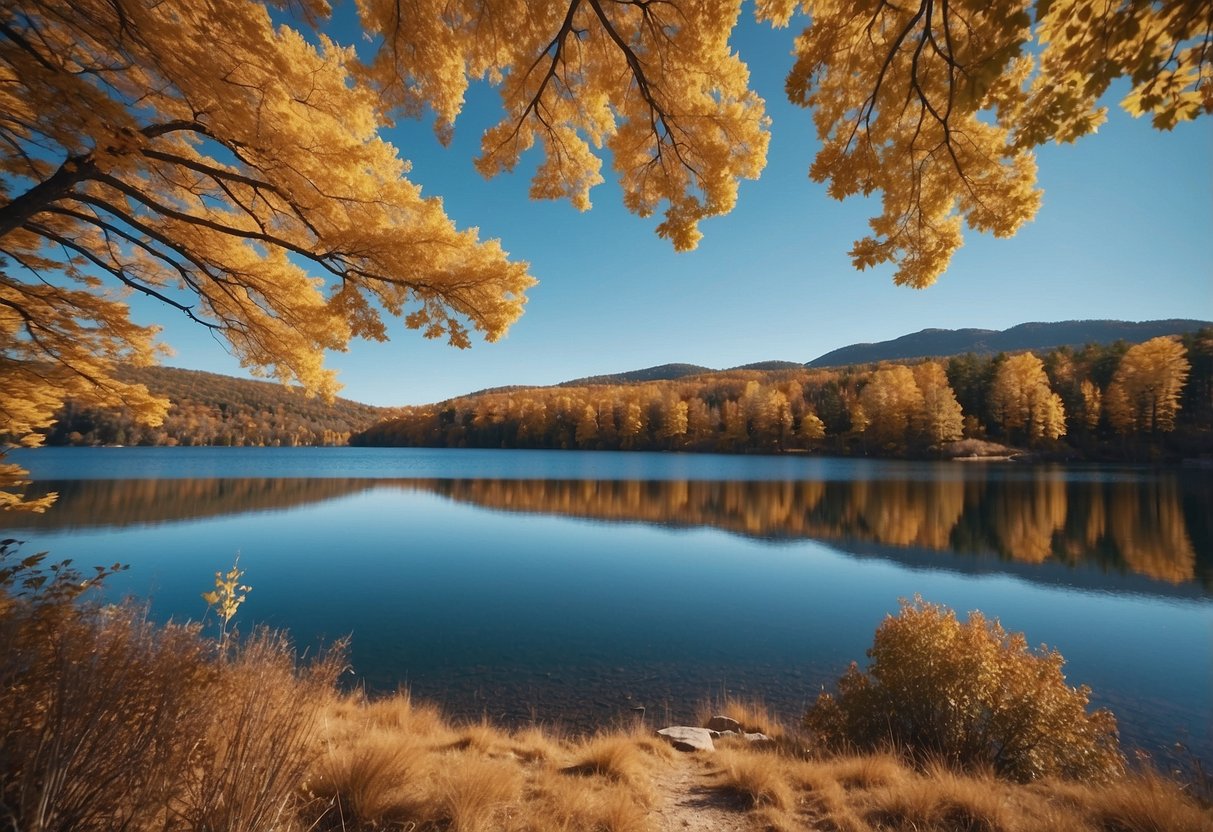 Hiking through colorful autumn foliage, with a clear blue sky and a shimmering lake in the background