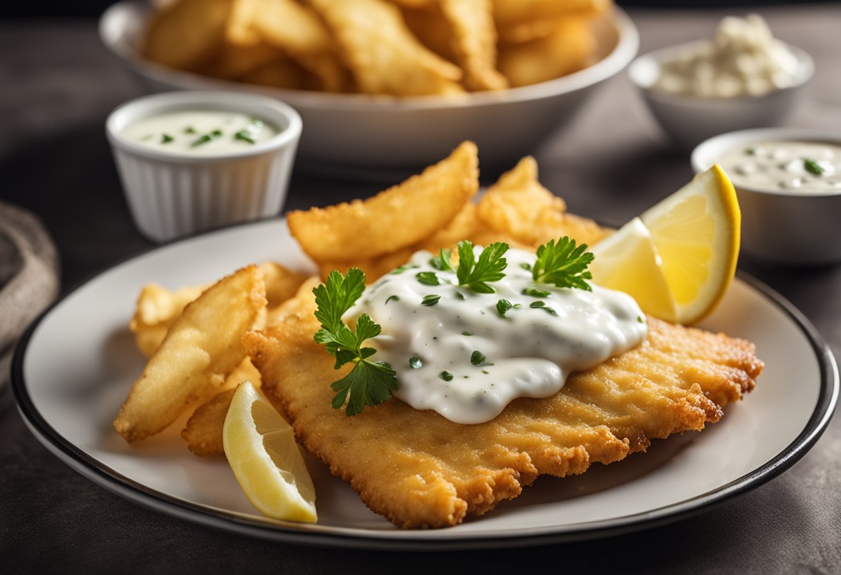 Golden battered fish and crispy chips sit on a plate with a side of tartar sauce and a wedge of lemon
