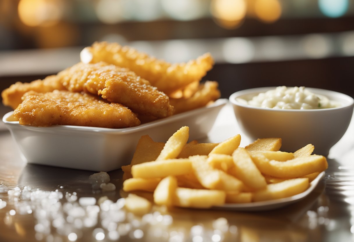 Golden fish and chips emerge from bubbling oil, their crispy batter glistening under the warm light