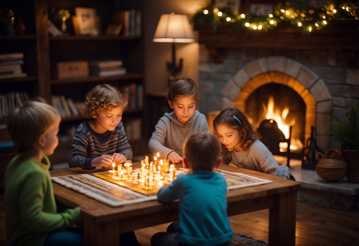 Children crafting, playing board games, and reading by a cozy fireplace. A table filled with art supplies and a bookshelf with various books