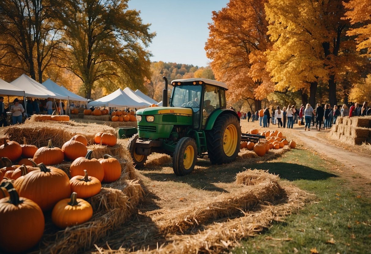 Vibrant leaves cover the ground at a fall festival, with pumpkins, cornstalks, and hay bales creating a festive atmosphere. A tractor pulls a hayride through the colorful scene