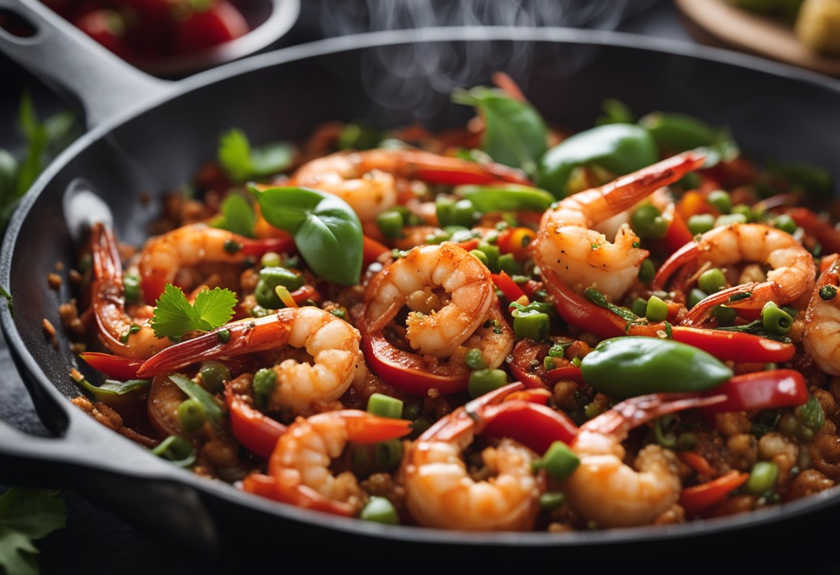 A sizzling pan of crispy prawn chilli, with vibrant red and green peppers, steaming and aromatic