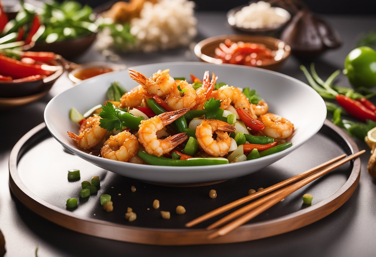 A sizzling wok with golden crispy prawns coated in spicy chili sauce. Red and green peppers and onions sizzle alongside the prawns