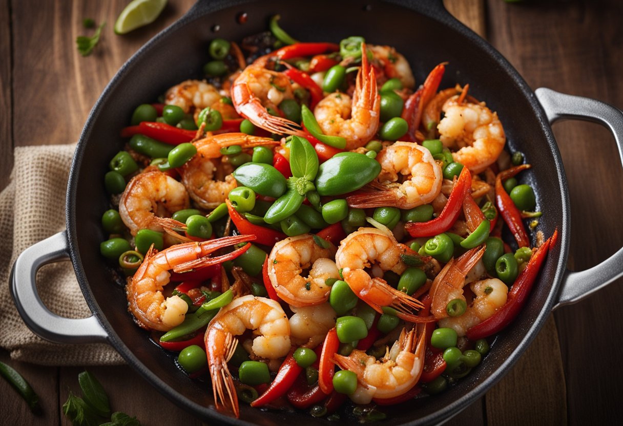 A sizzling pan of crispy prawn chilli, with vibrant red and green peppers, sizzling in hot oil